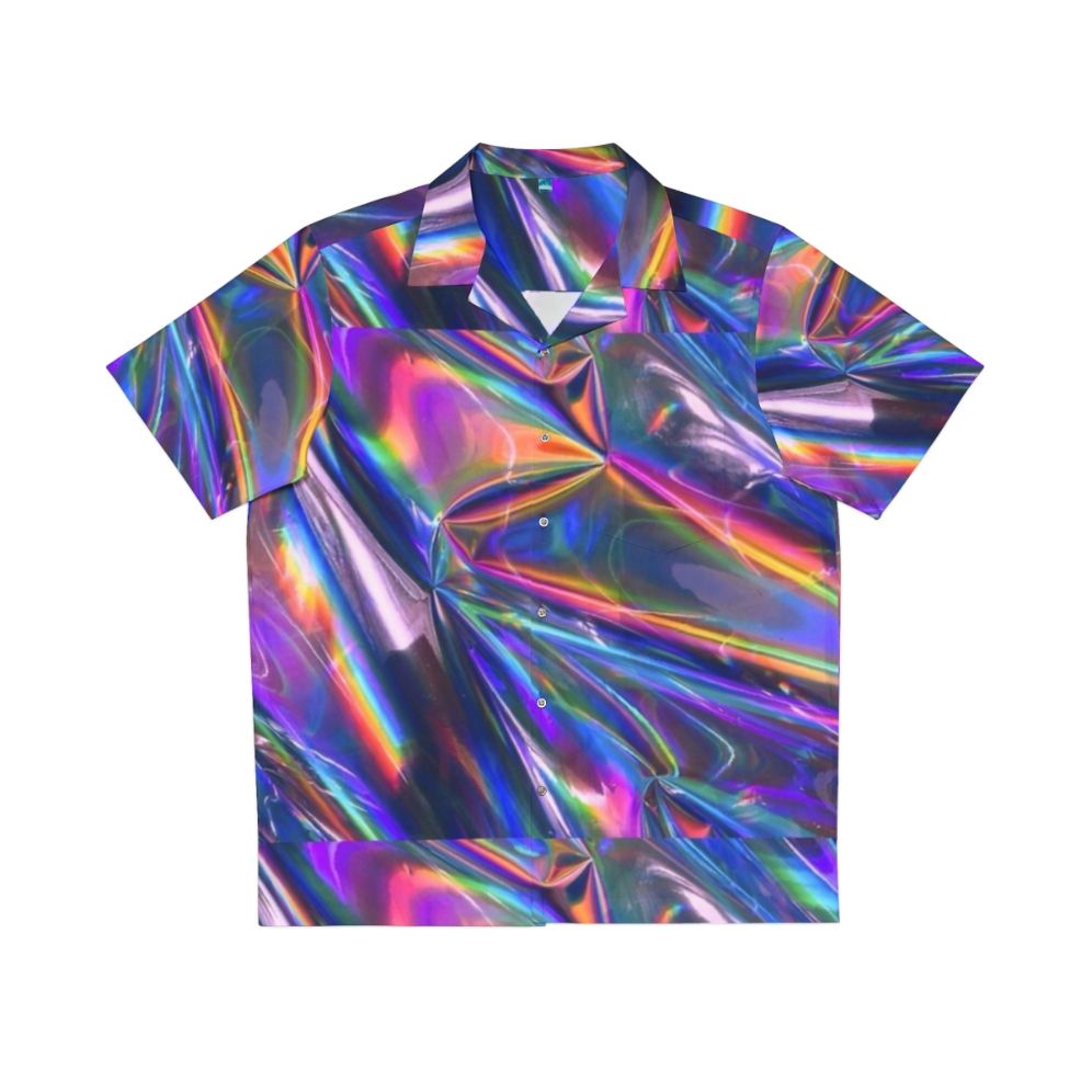 Holographic material Hawaiian shirt with shiny, rainbow iridescent design