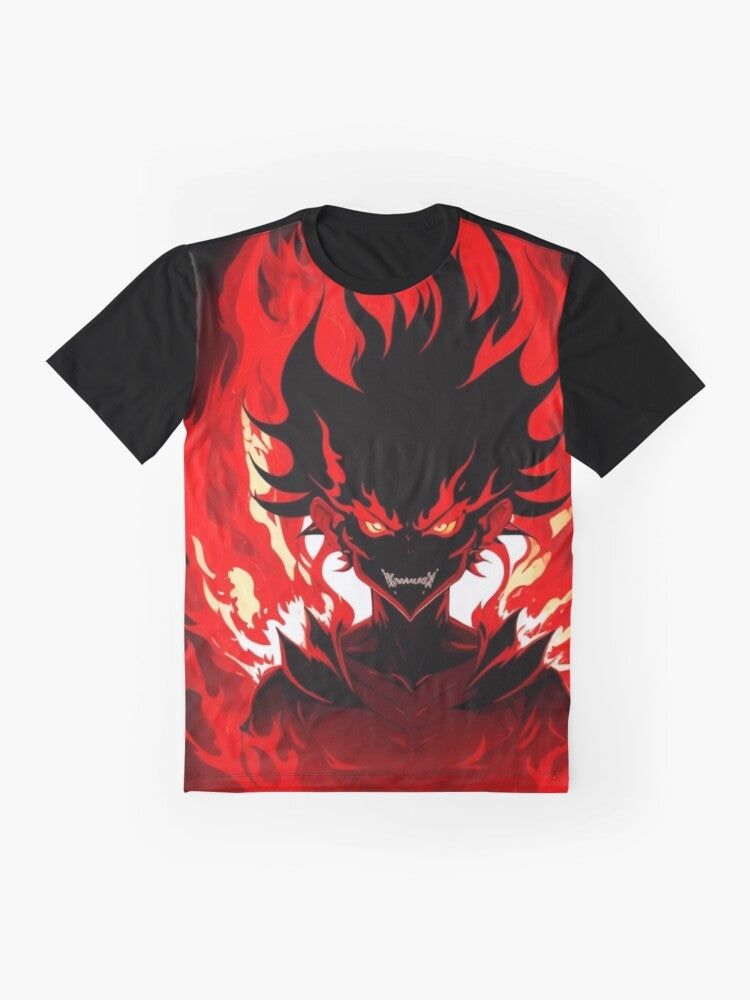 Graphic t-shirt design featuring an anime-inspired demon character surrounded by fiery flames, representing the infernal rhythm of Brazilian phonk music. - Flat lay