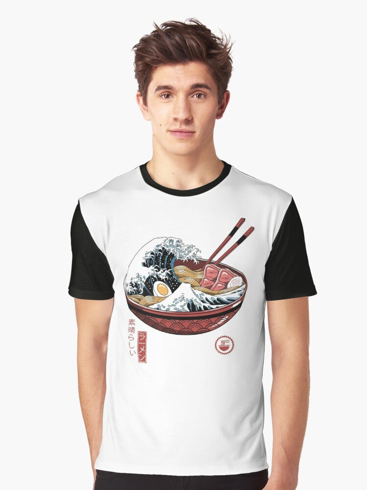 Graphic t-shirt featuring the iconic "The Great Wave off Kanagawa" design with ramen elements, perfect for ramen enthusiasts. - Men