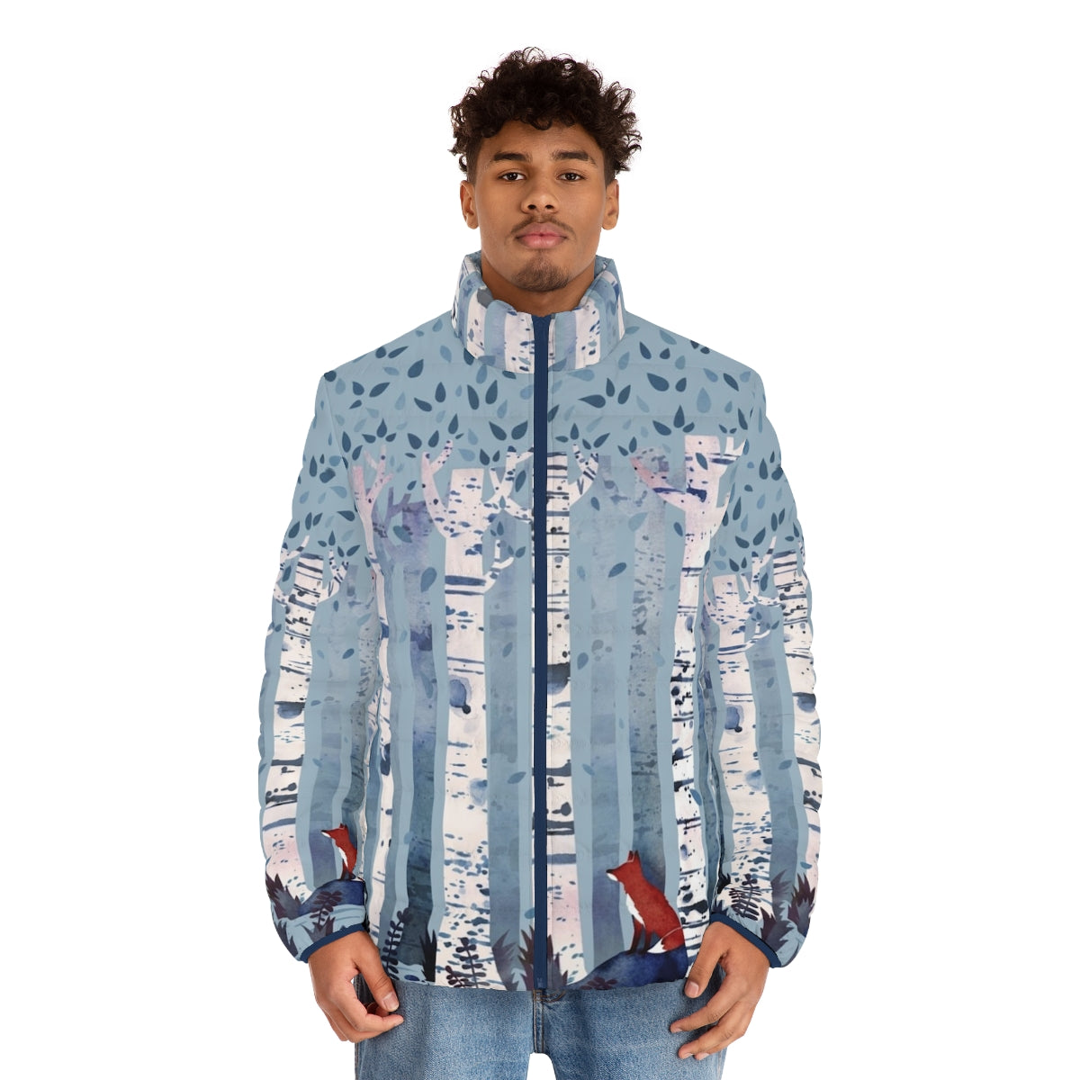 Blue watercolor puffer jacket with birchwood and nature motifs - men front