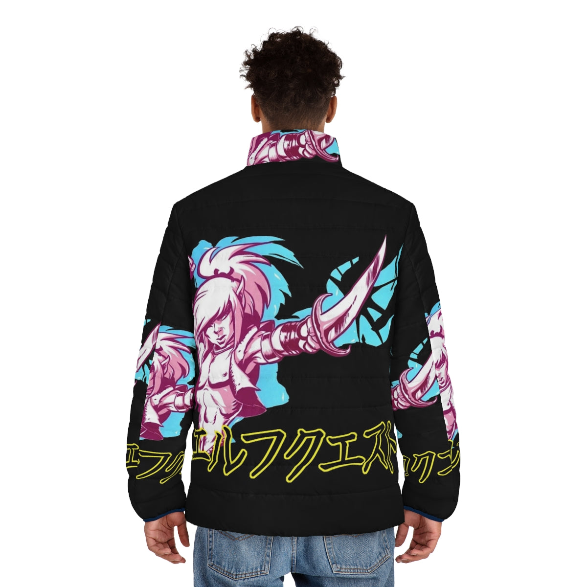 Elfquest Katakana Puffer Jacket featuring fantasy art and characters - men back