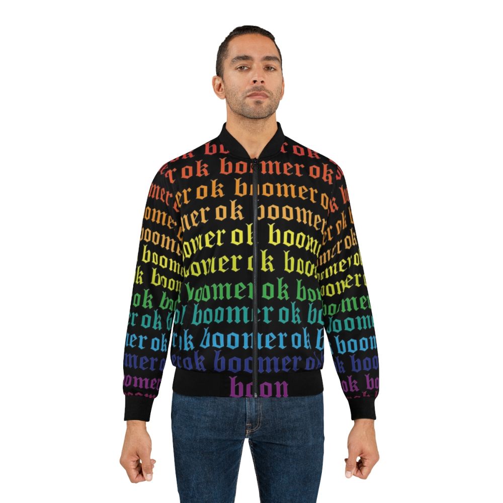 Rainbow "OK Boomer" Bomber Jacket featuring a bold graphic design - Lifestyle