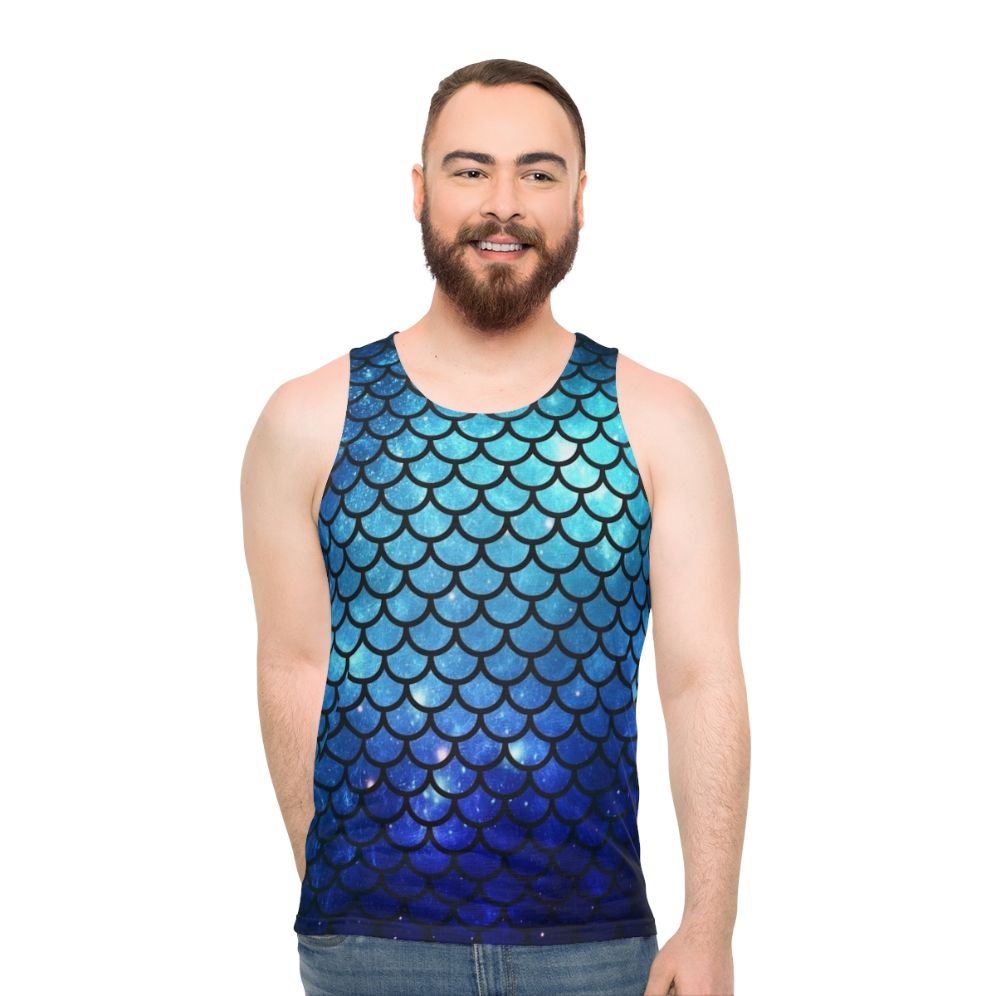 Mermaid-themed unisex tank top with galaxy print and ocean design - men