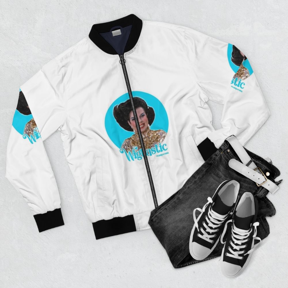 Ann Miller campy bomber jacket, featuring a retro and flamboyant design for the gay icon fan - Flat lay