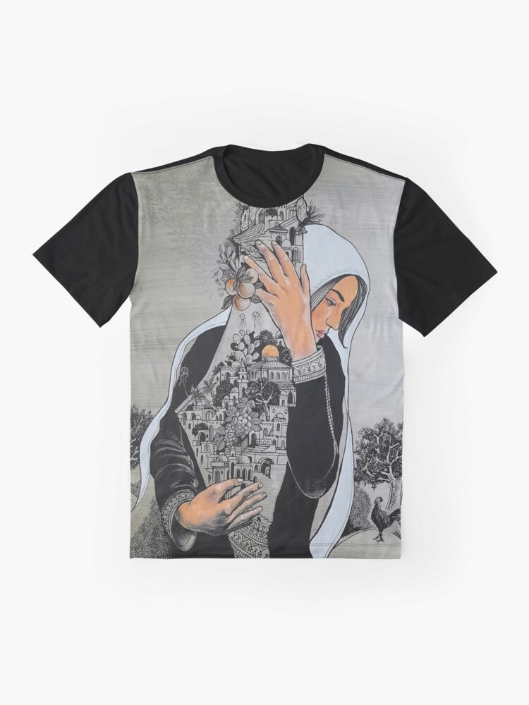 A graphic t-shirt featuring a Palestinian woman protecting the land of Palestine. - Flat lay