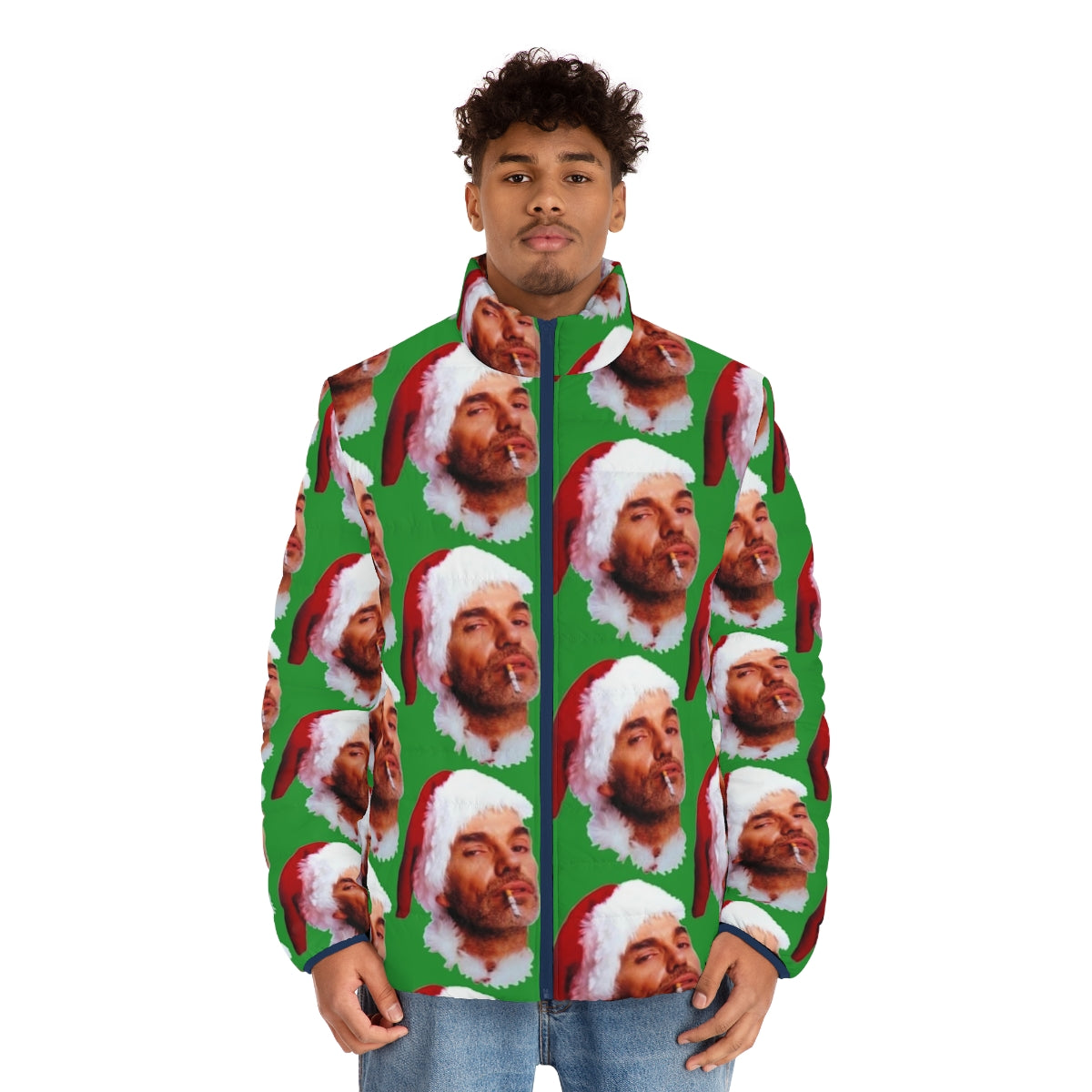 Bad Santa smoking a cigarette wearing a festive puffer jacket - men front