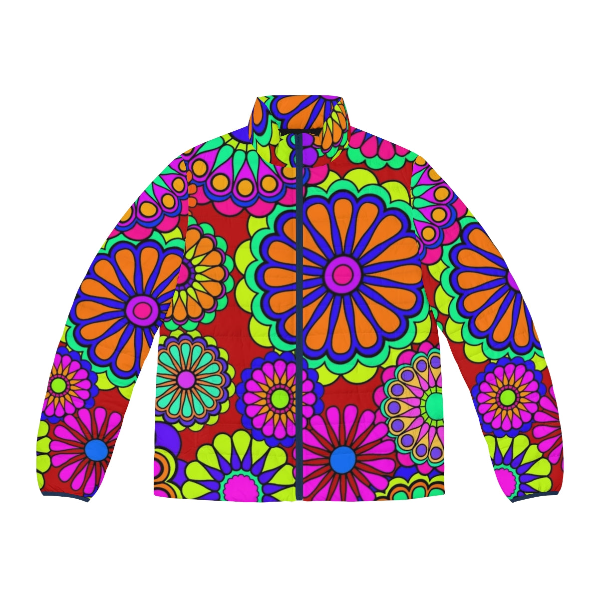 Retro floral puffer jacket with vibrant 1960s inspired design