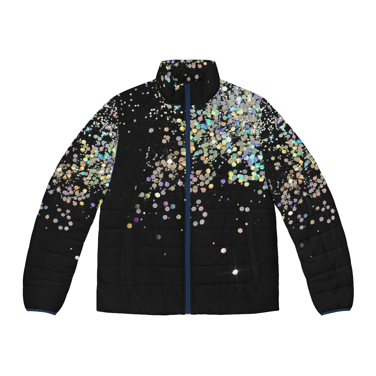 Black puffer jacket with holographic sparkle and shimmer