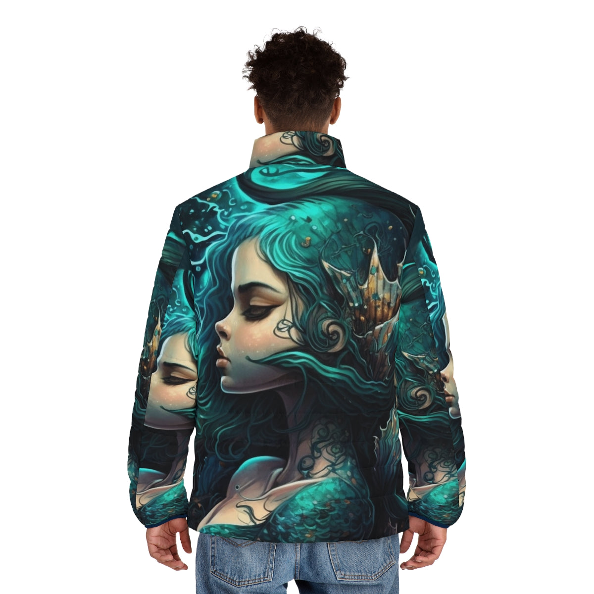 Puffer jacket featuring enchanting sea creature designs, perfect for fantasy fashion enthusiasts - men back