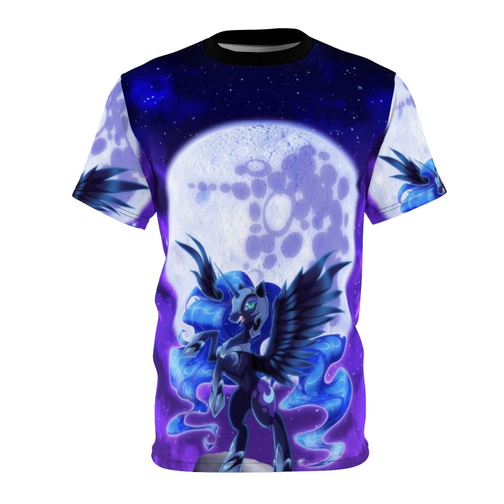 All over print t-shirt featuring a custom Nightmare Moon design, inspired by the My Little Pony franchise.