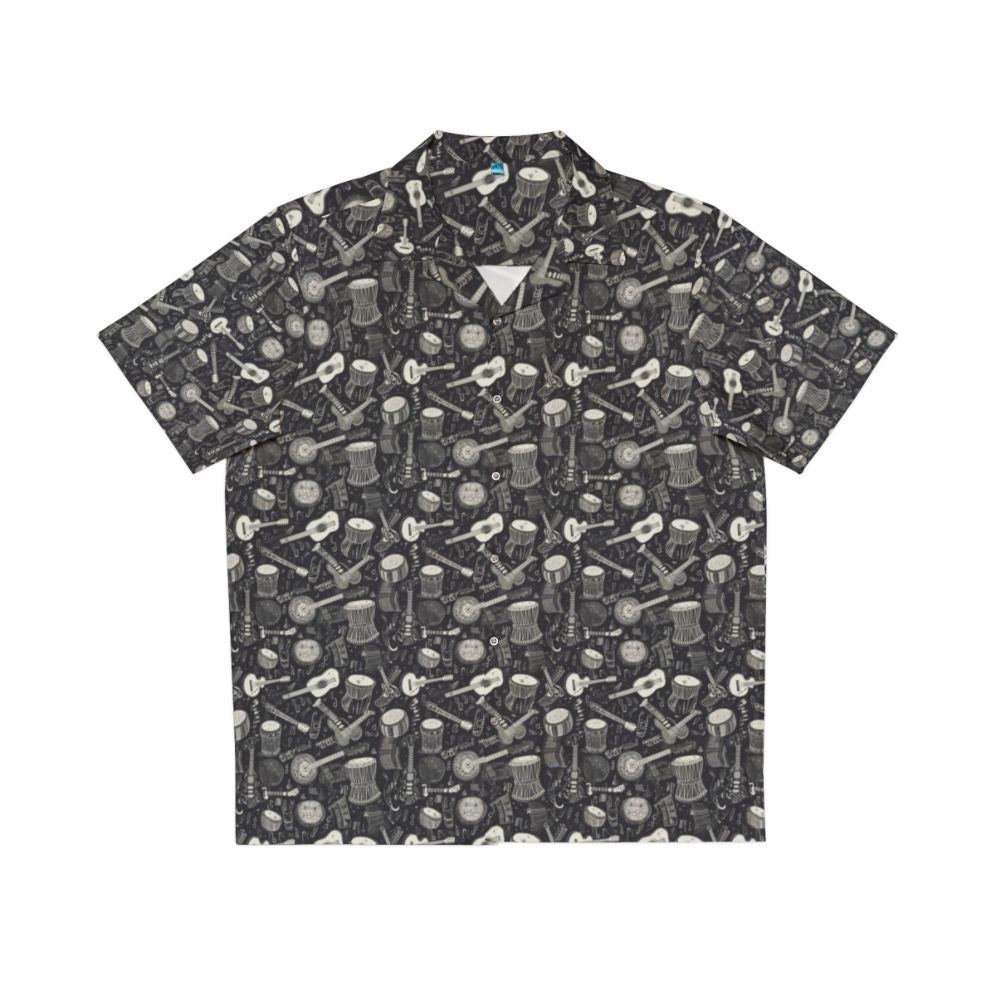 Black and white Hawaiian shirt with congo drums and guitars design