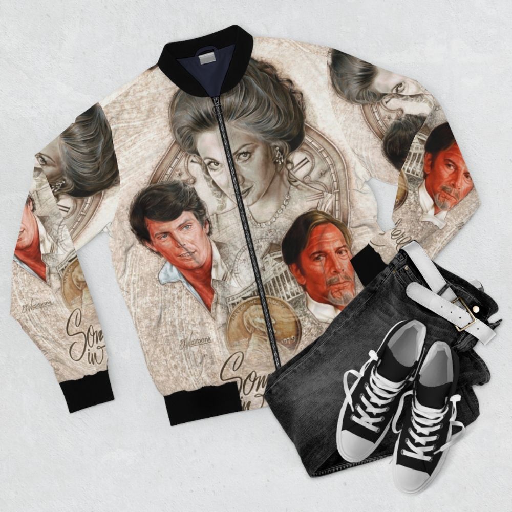 Somewhere in Time 40th Anniversary Celebration Bomber Jacket featuring Christopher Reeve, Jane Seymour, and Christopher Plummer - Flat lay