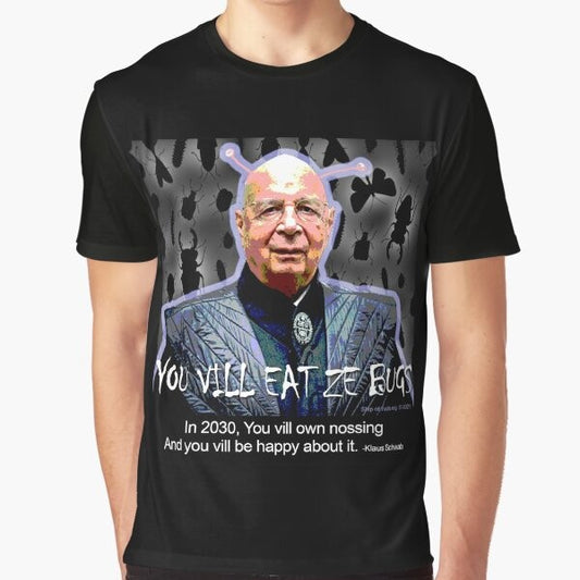 "You Will Eat the Bugs" graphic t-shirt design featuring Orwellian and new world order themes