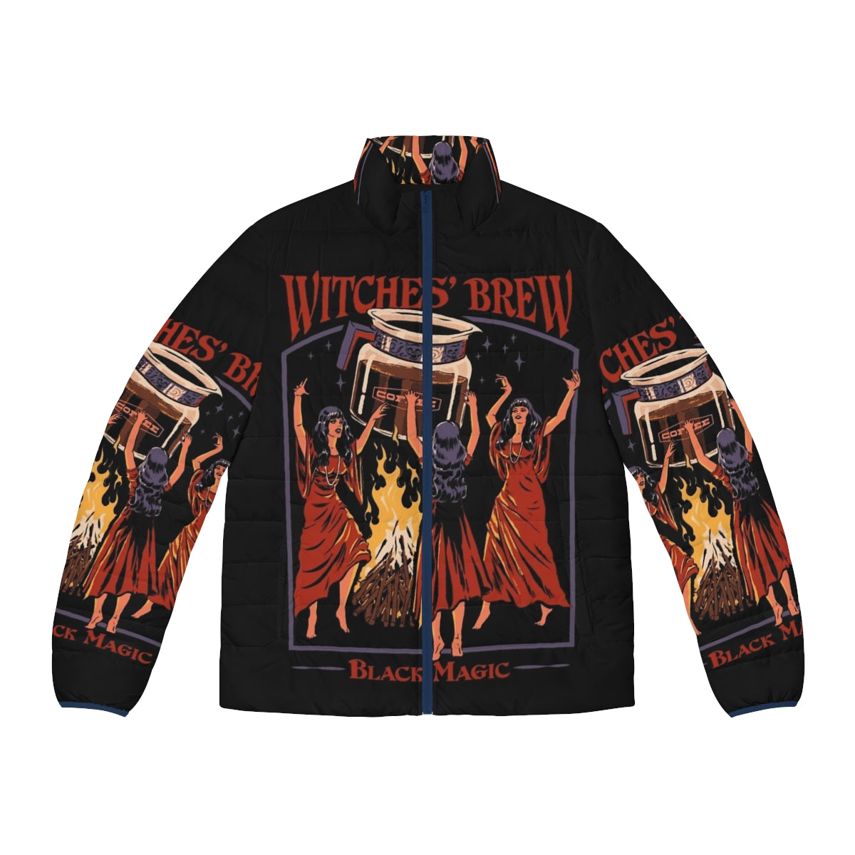 Retro Witches Brew Puffer Jacket featuring a vintage, horror-inspired design with a caffeine-fueled, occult-inspired aesthetic.