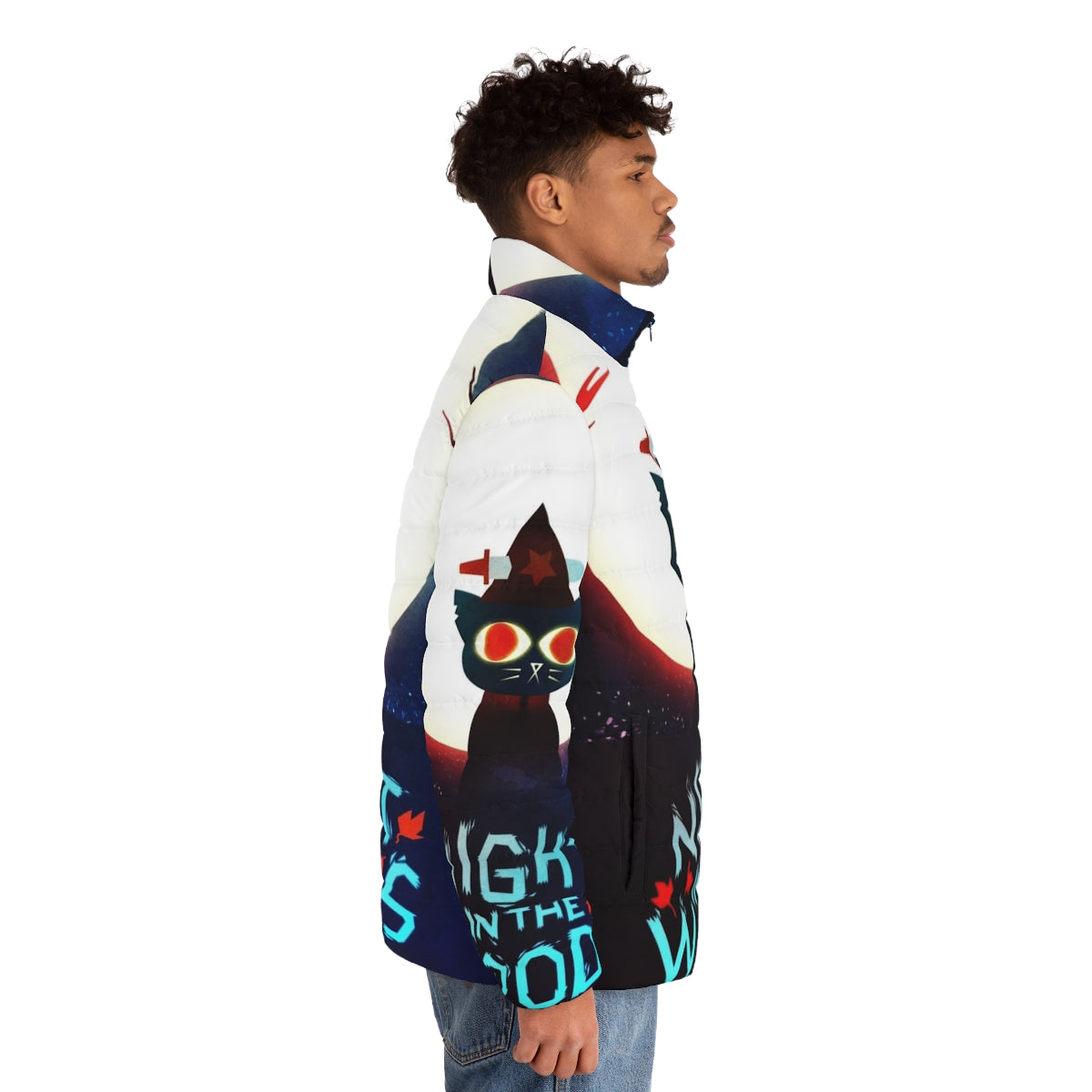 Puffer jacket with witch and dagger design, inspired by the video game Night in the Woods - men side right