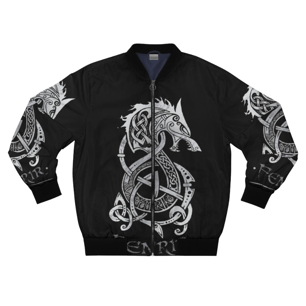 Gray bomber jacket with Norse mythology Fenrir wolf design