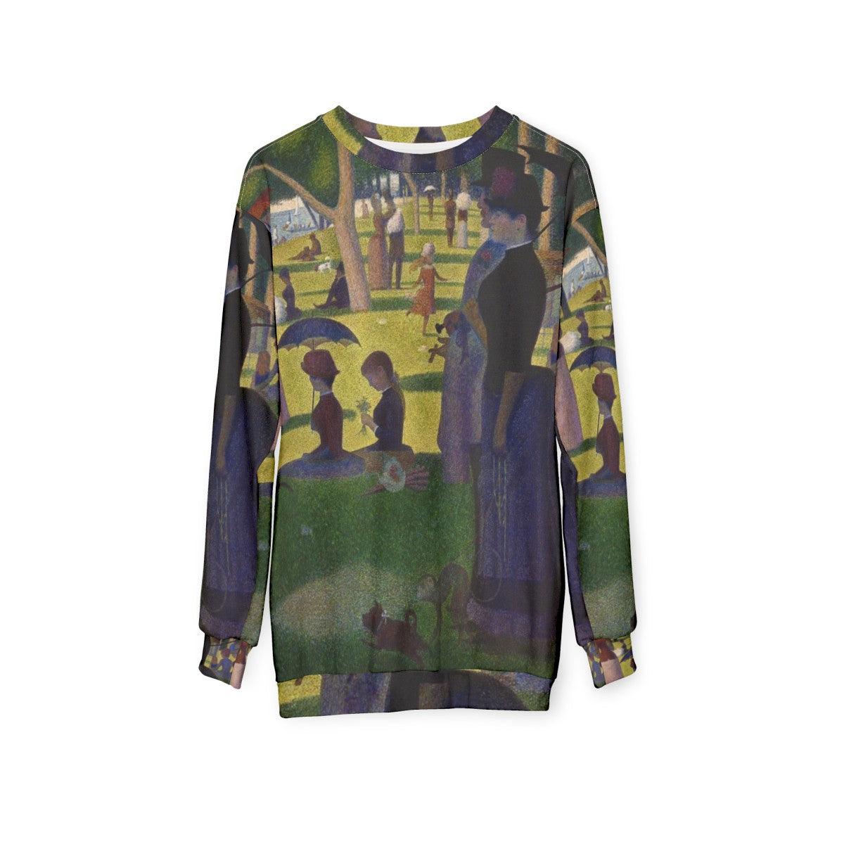 Sweatshirt featuring pointillist art inspired by Georges Seurat's Sunday Afternoon on La Grande Jatte - hanging