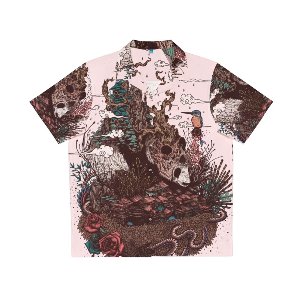 Colorful "Land Of The Sleeping Giant" Hawaiian shirt featuring a panda bear, mountains, and nature elements