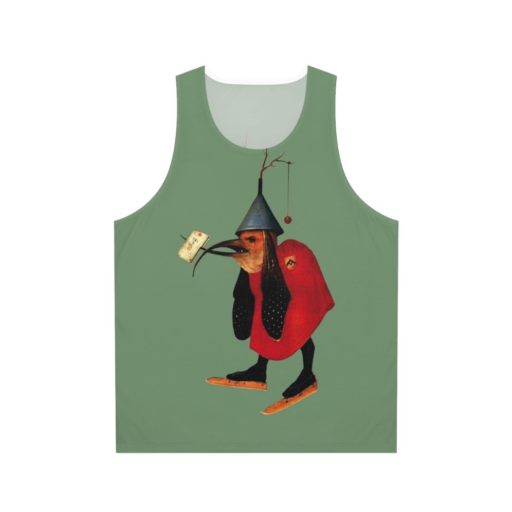 Bosch Bird with Letter Unisex Tank Top featuring a vintage Hieronymus Bosch inspired illustration