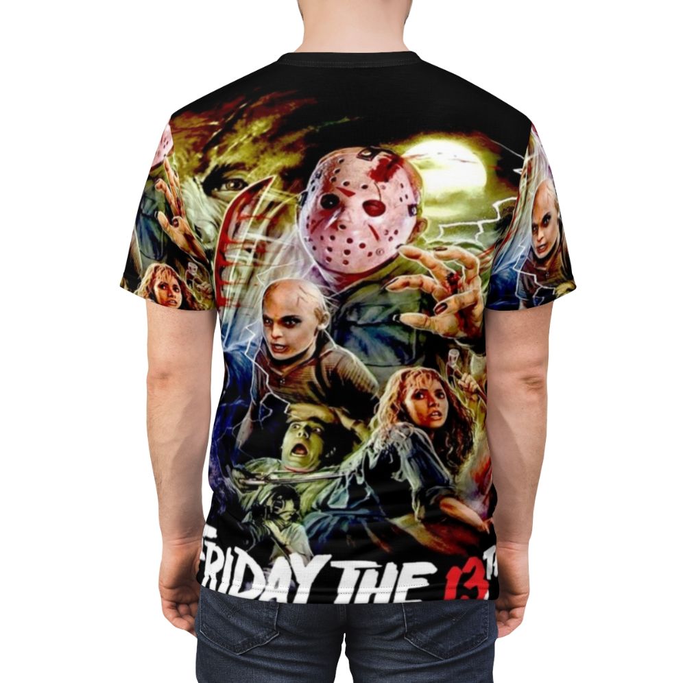 A t-shirt design inspired by the Friday the 13th horror movie franchise, featuring the iconic villain Jason Voorhees. - men back