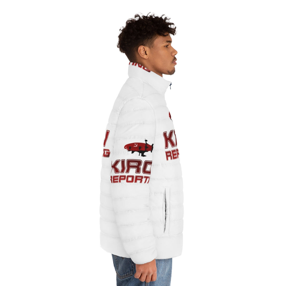 A red puffer jacket with the "Kirov Reporting" text and communist hammer and sickle design, inspired by the classic video game Red Alert. - men side right