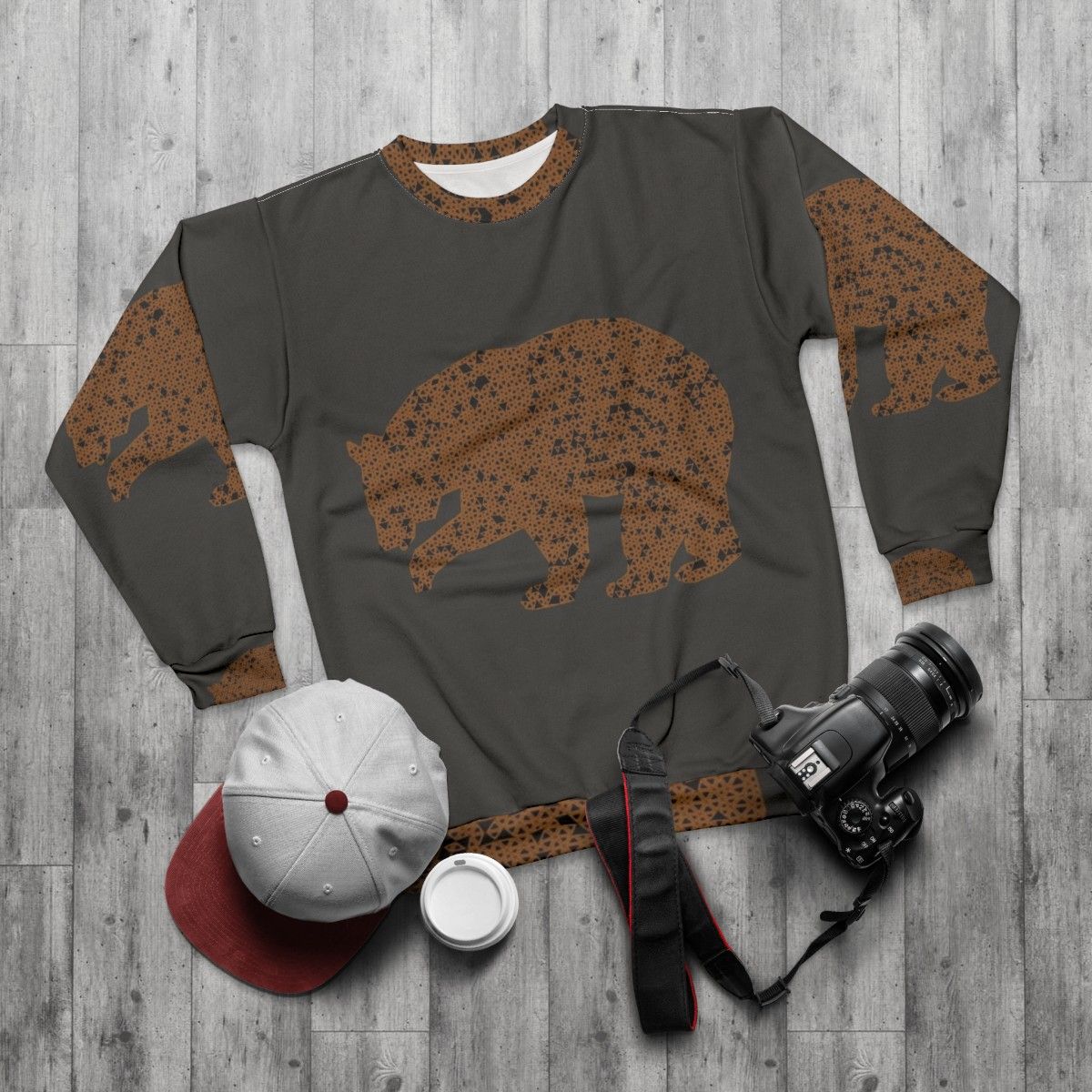 Legendary bear abstract sweatshirt with colorful nature and spirit animal design - flat lay