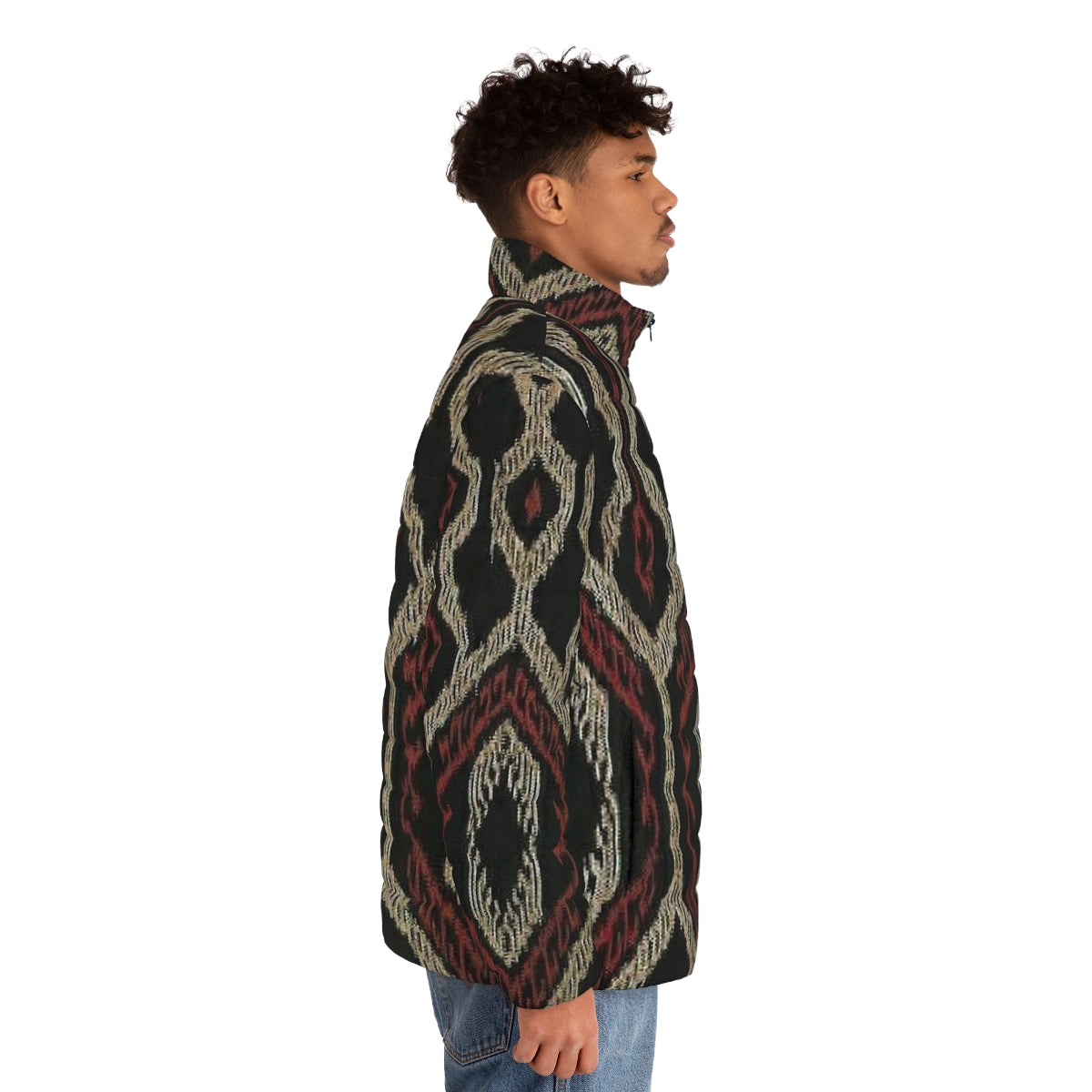 Ethnic puffer jacket with abstract indigenous mountain pattern from the Philippines - men side right