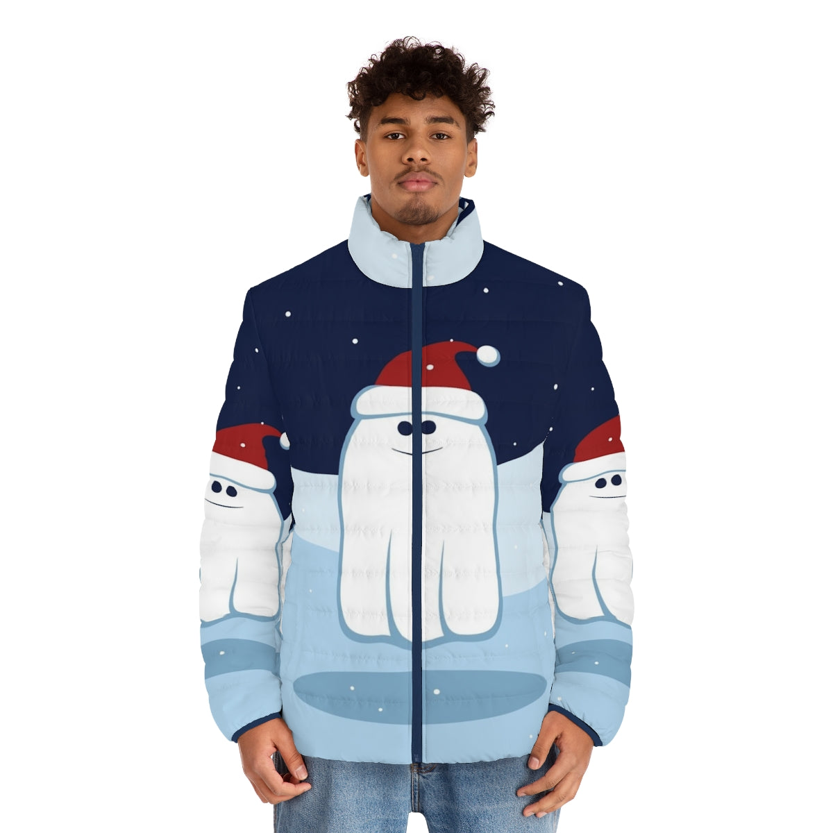 Cute cartoon Christmas ghost puffer jacket for winter weather - men front