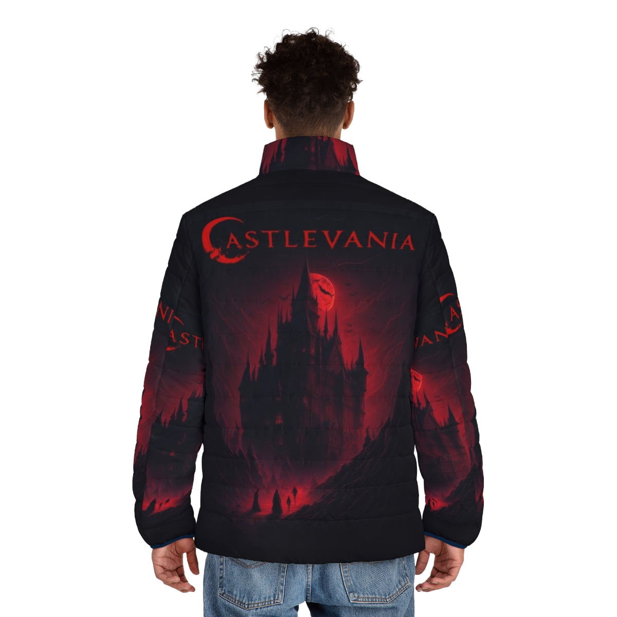 Netflix Castlevania World of Darkness Puffer Jacket featuring Alucard and Trevor Belmont - men back