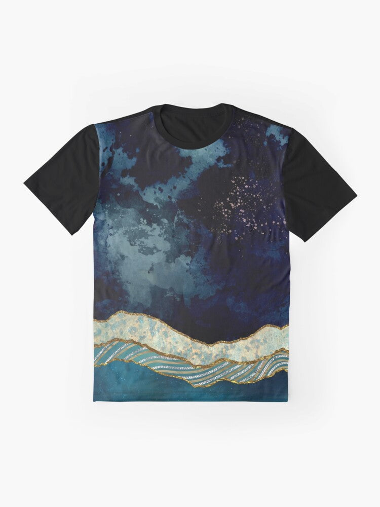 Indigo sky graphic t-shirt featuring a nature landscape design with mountains, stars, and a moon reflection on a lake. - Flat lay