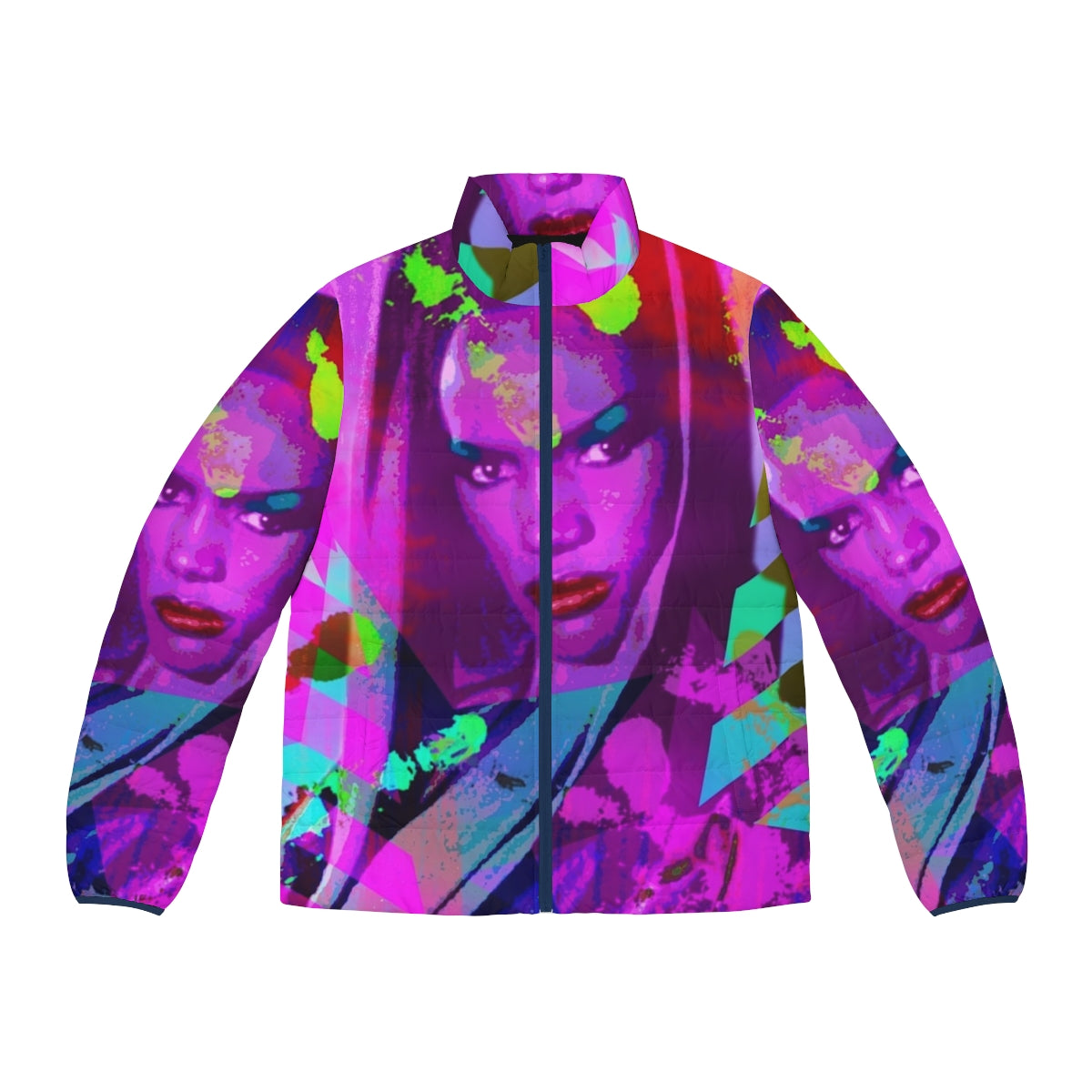 Grace Jones inspired LGBTQIA+ puffer jacket with bold, hedonistic design