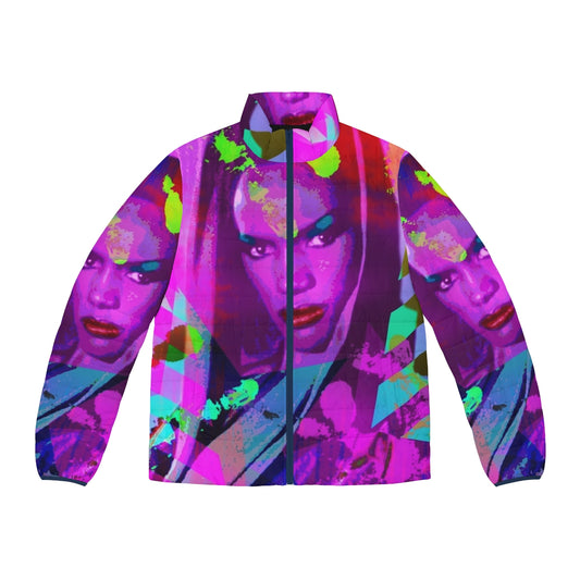 Grace Jones inspired LGBTQIA+ puffer jacket with bold, hedonistic design