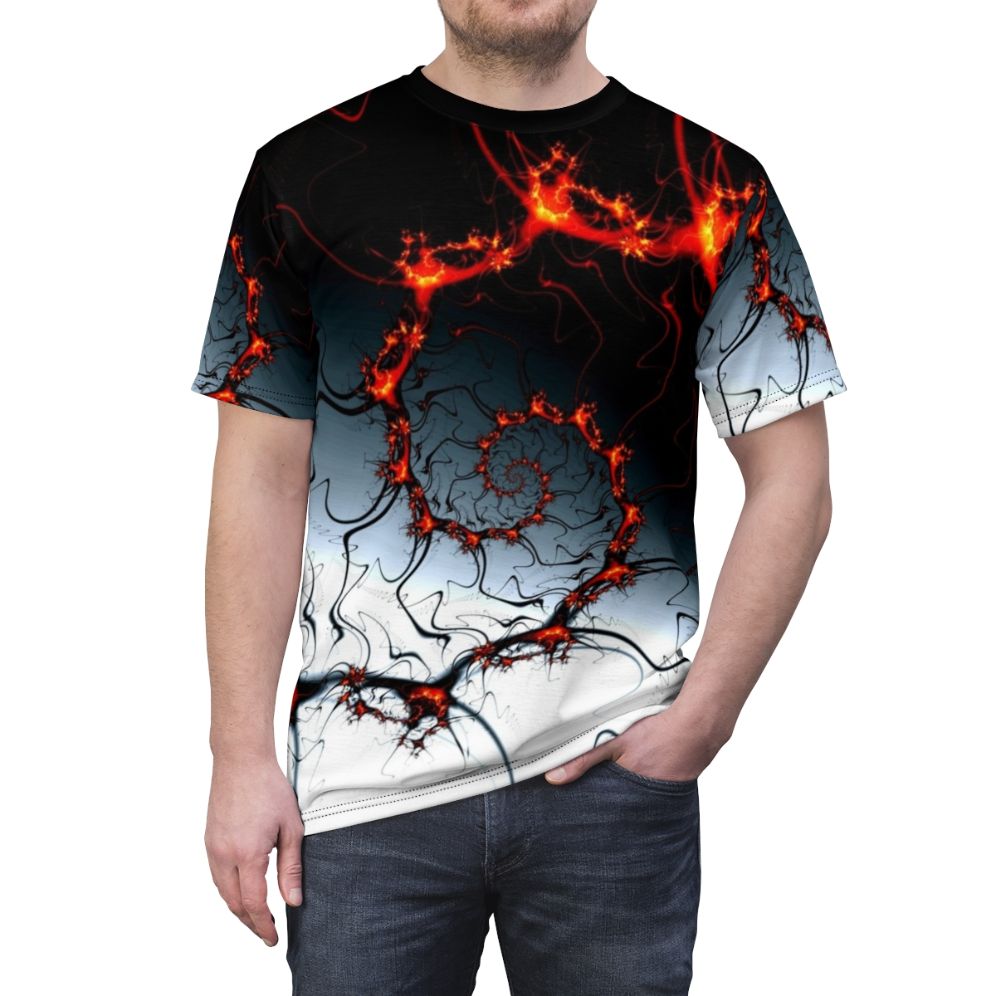 Mesmerizing abstract geometric digital t-shirt design with fiery fractal and spiral patterns - men front