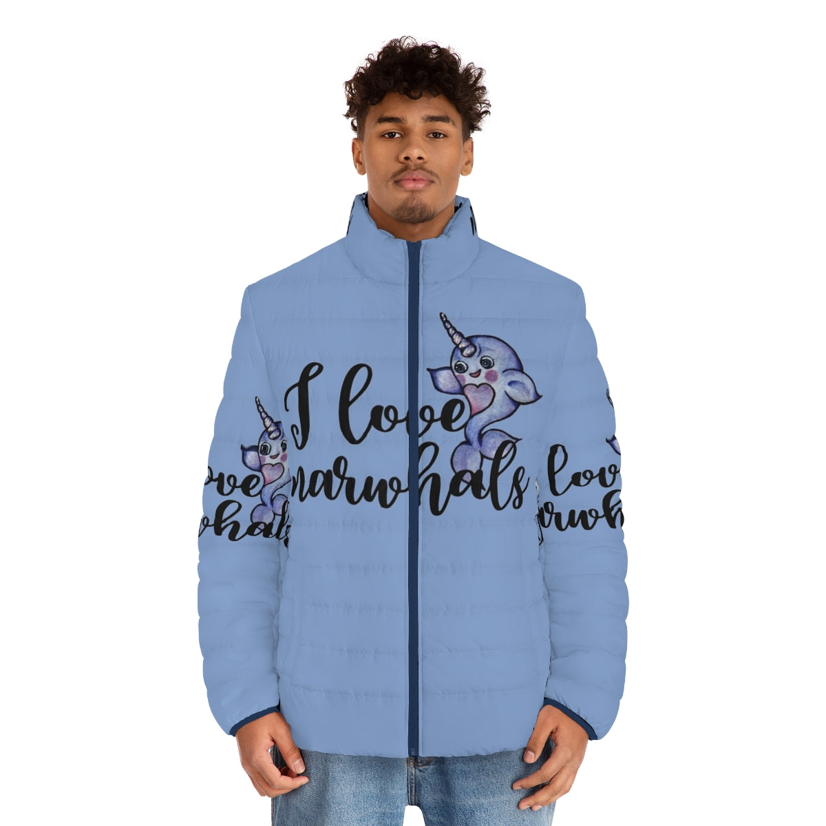 A purple puffer jacket with a cute narwhal design - men front