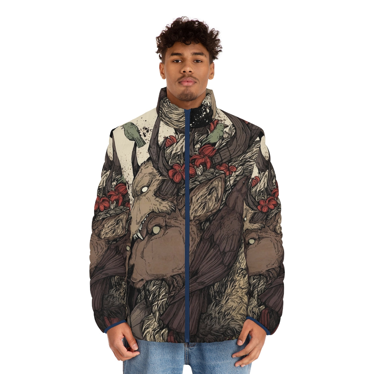 An image of a person wearing a puffer jacket with an elk design. - men front