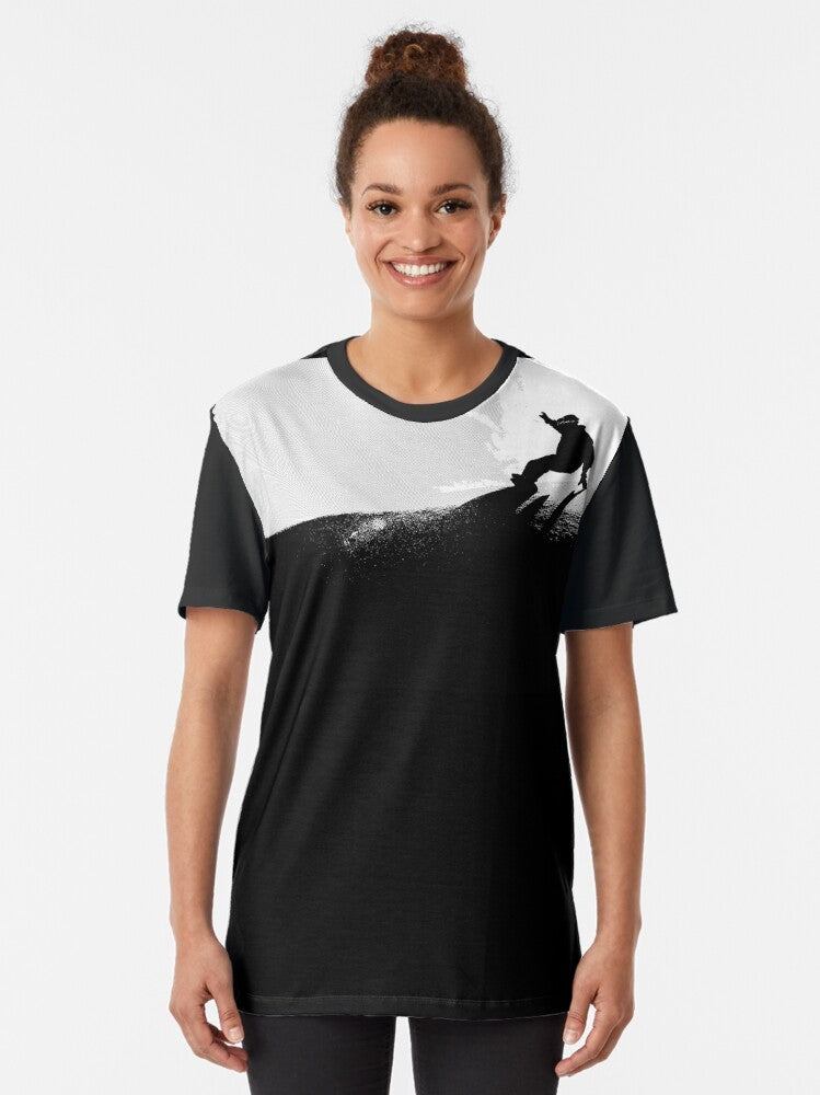 Snowboarding downhill graphic t-shirt featuring mountain and snow imagery - Women