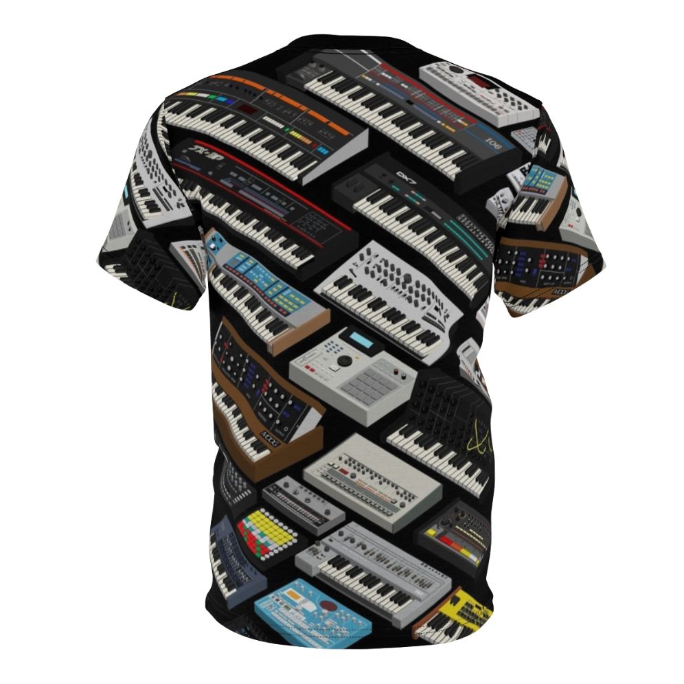 Person wearing a t-shirt with a synthesizer design, celebrating the love for electronic music production and vintage synths. - Back