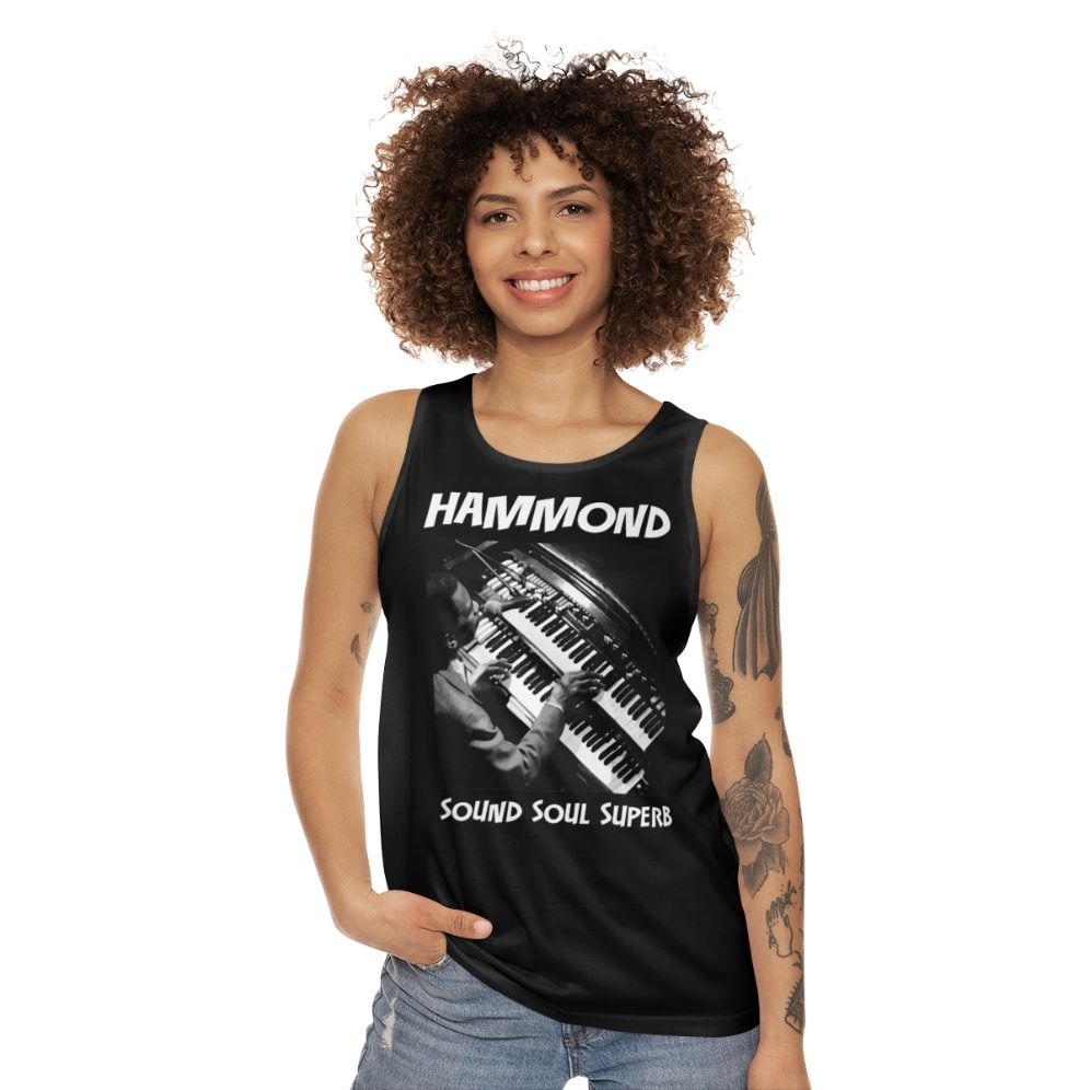 Unisex tank top with Hammond organ inspired abstract art - women