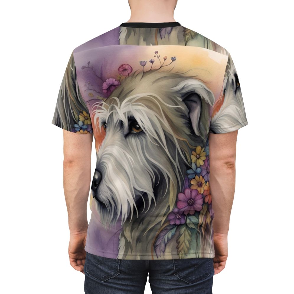 Whimsical watercolor illustration of an Irish Wolfhound on a t-shirt - men back