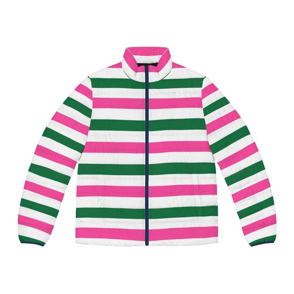 Deckchair-inspired striped puffer jacket in forest green and hot pink