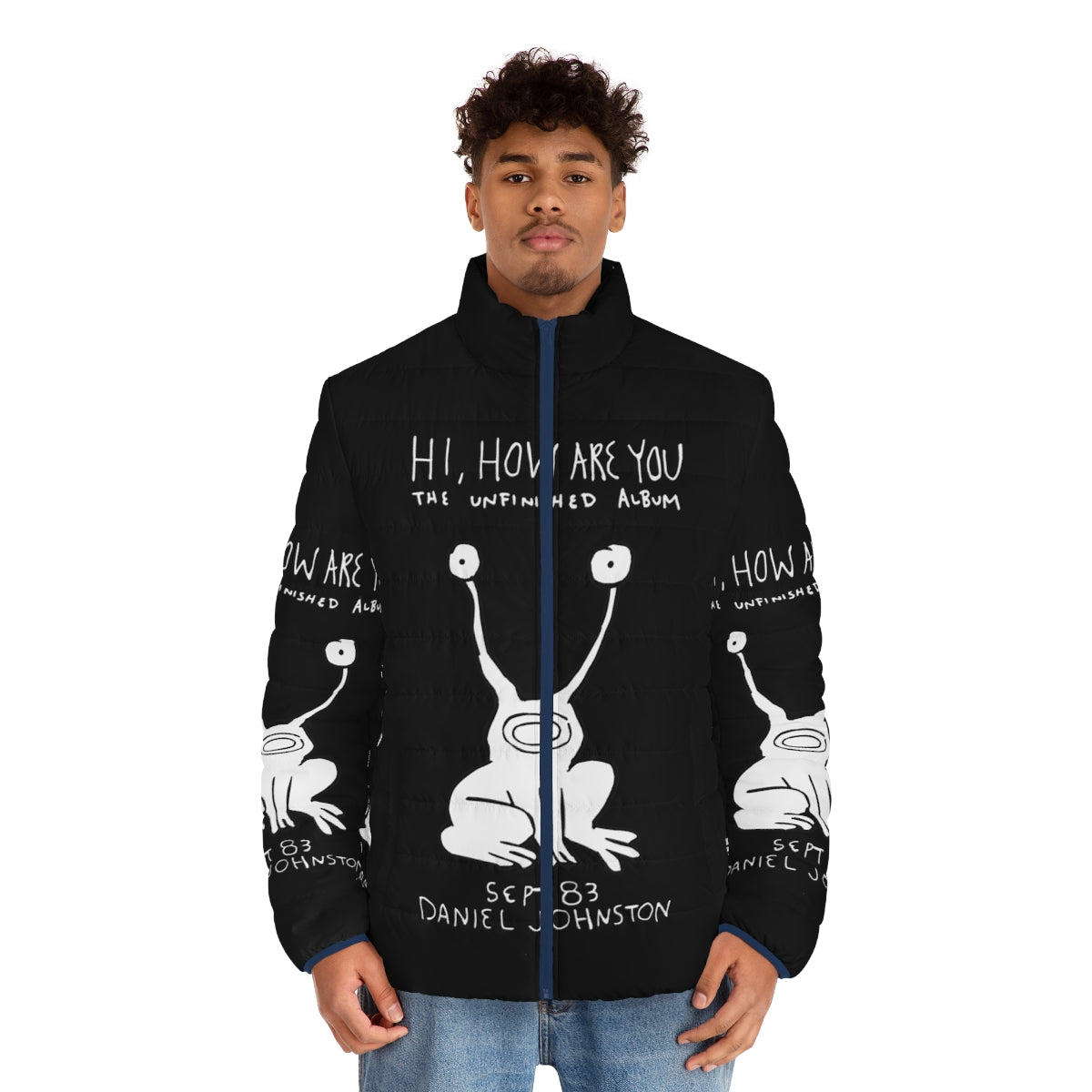 Hi How Are You Daniel Johnston inspired puffer jacket with album cover graphics - men front