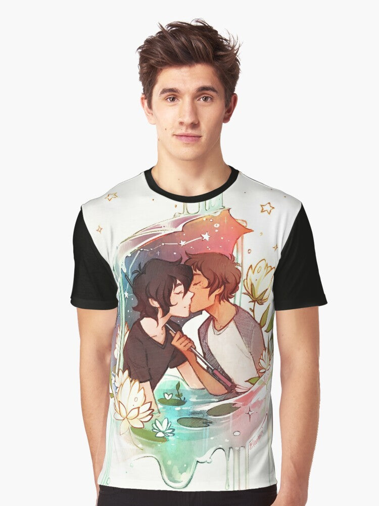 A graphic t-shirt design featuring characters from the Voltron anime series, including Keith and Lance, set against a night sky full of stars. - Men