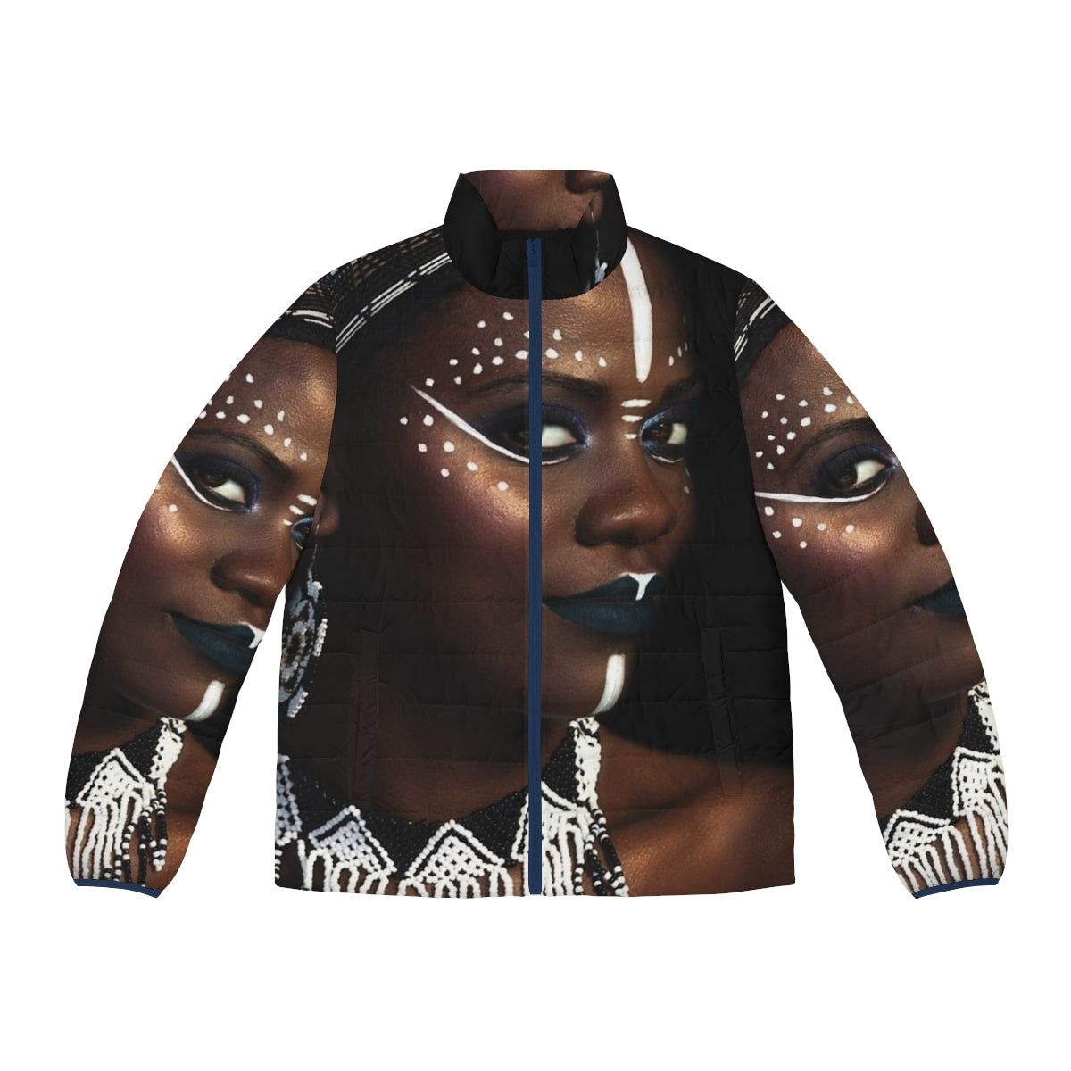 A stylish African-inspired puffer jacket with a regal, tribal design