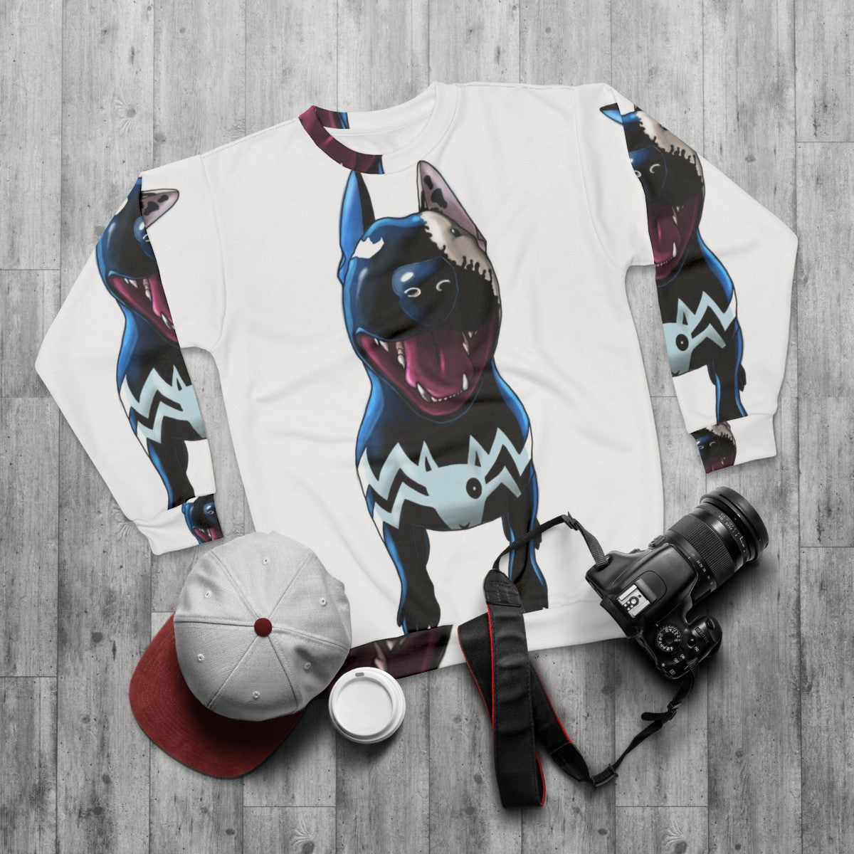 Superhero Supervillain Bullterrier Graphic Sweatshirt - flat lay