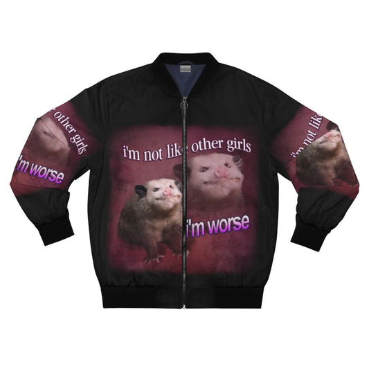 Opossum-themed bomber jacket with word art design