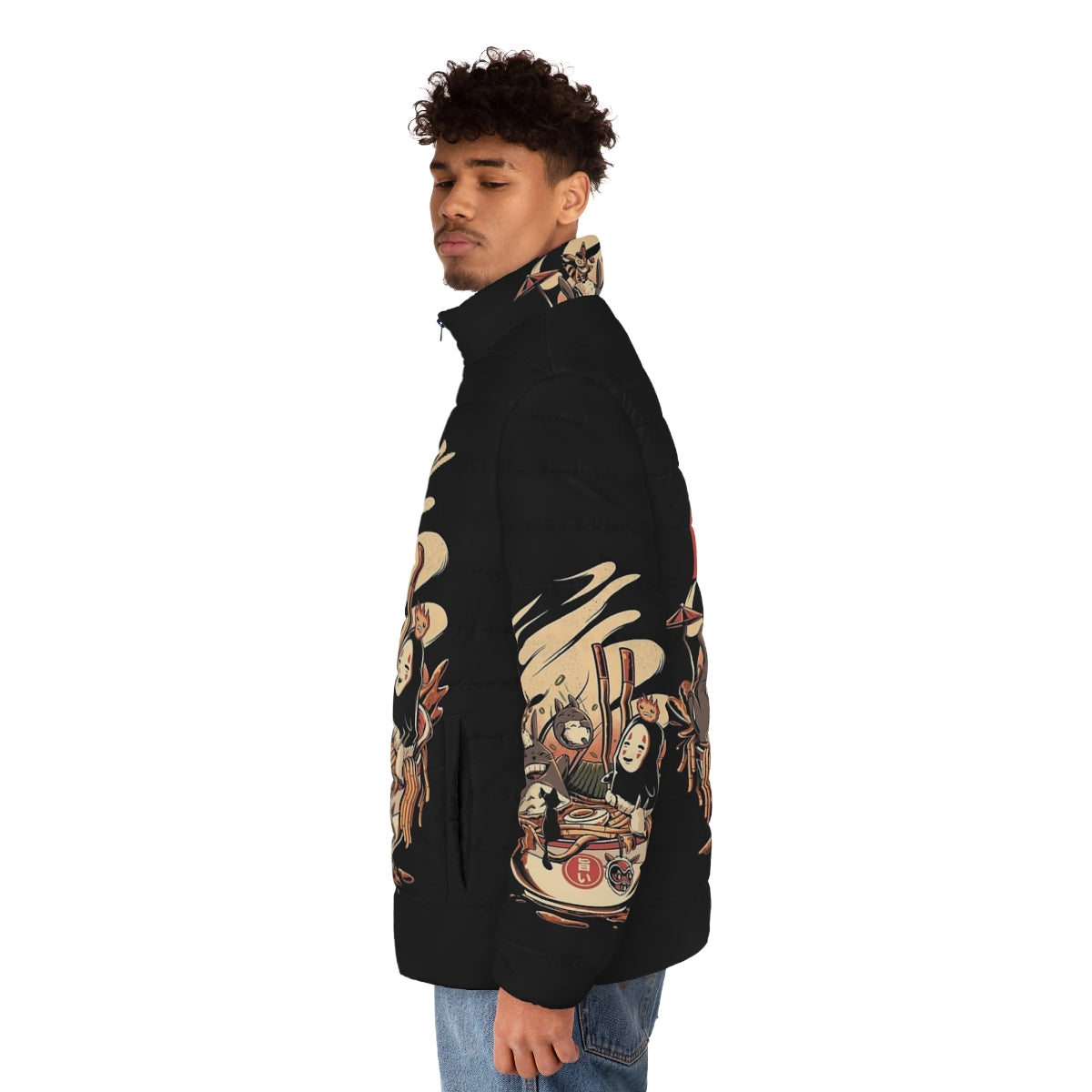 Ramen noodle puffer jacket with anime-inspired design - men side left