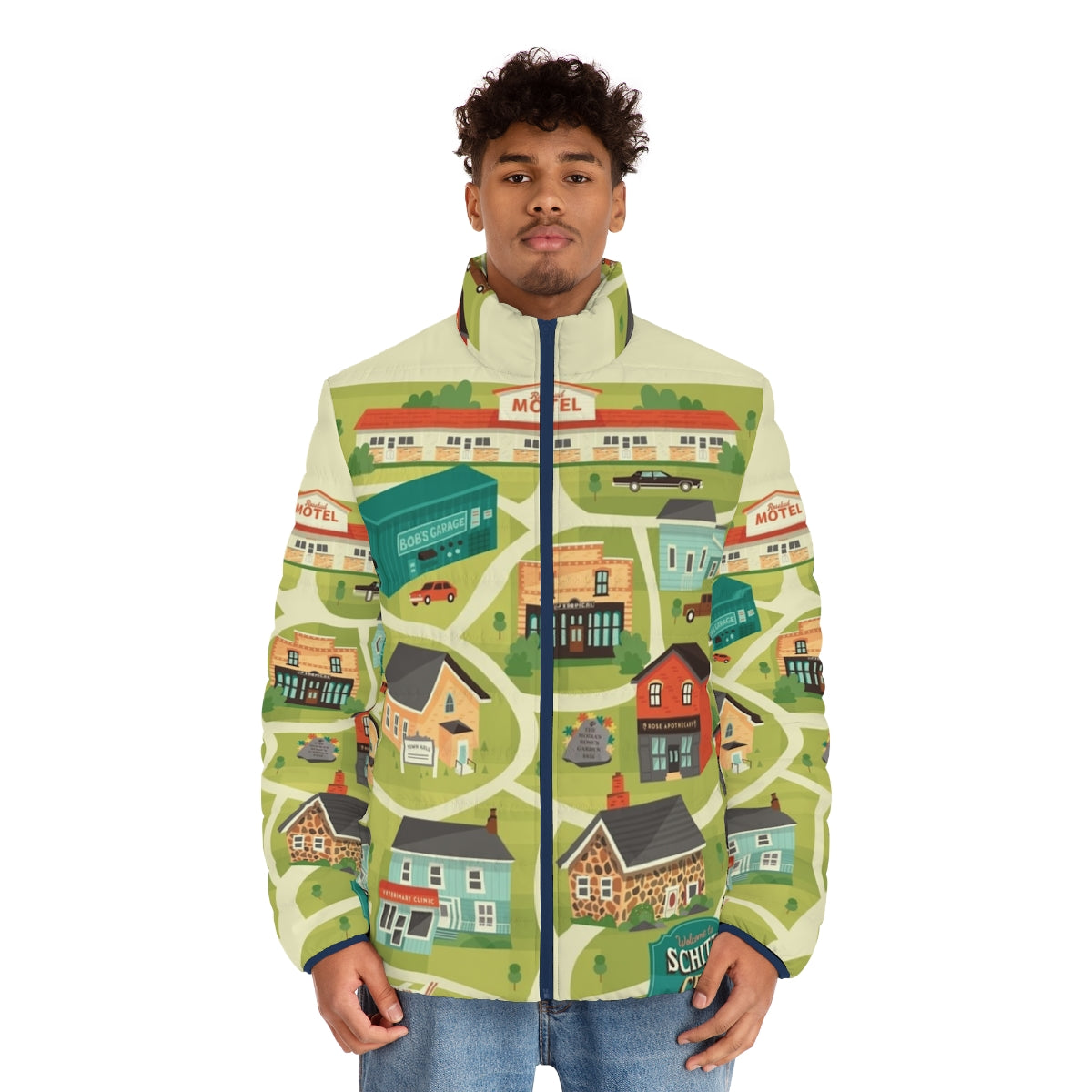 Schitt's Creek Town Map Puffer Jacket with Sitcom Characters - men front