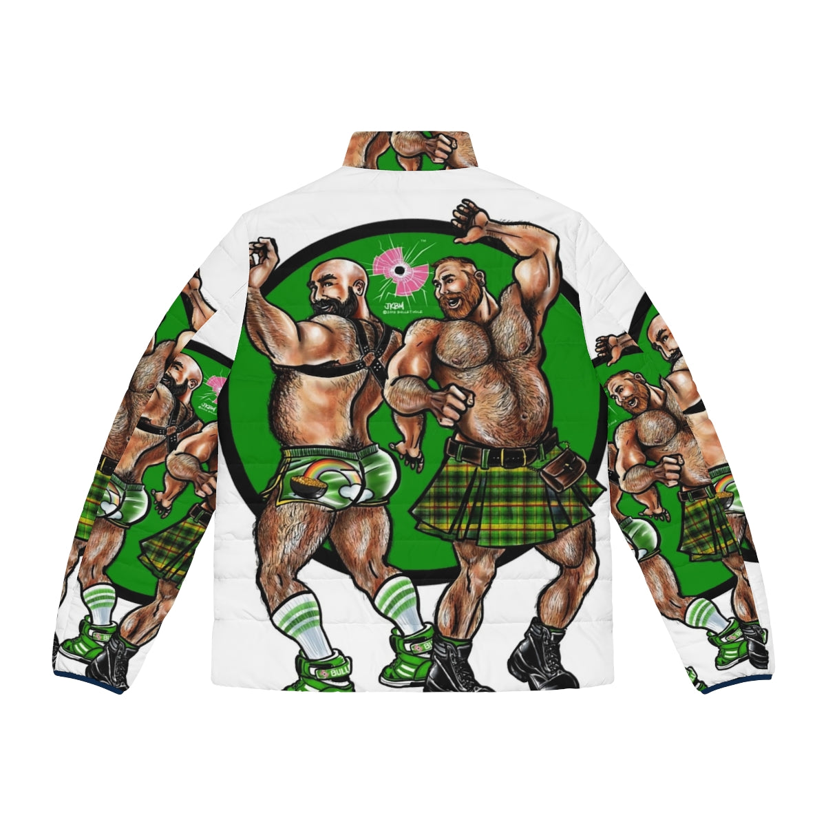 Bearded, muscular bear models wearing a puffer jacket in a fantasy-inspired erotic design - Back