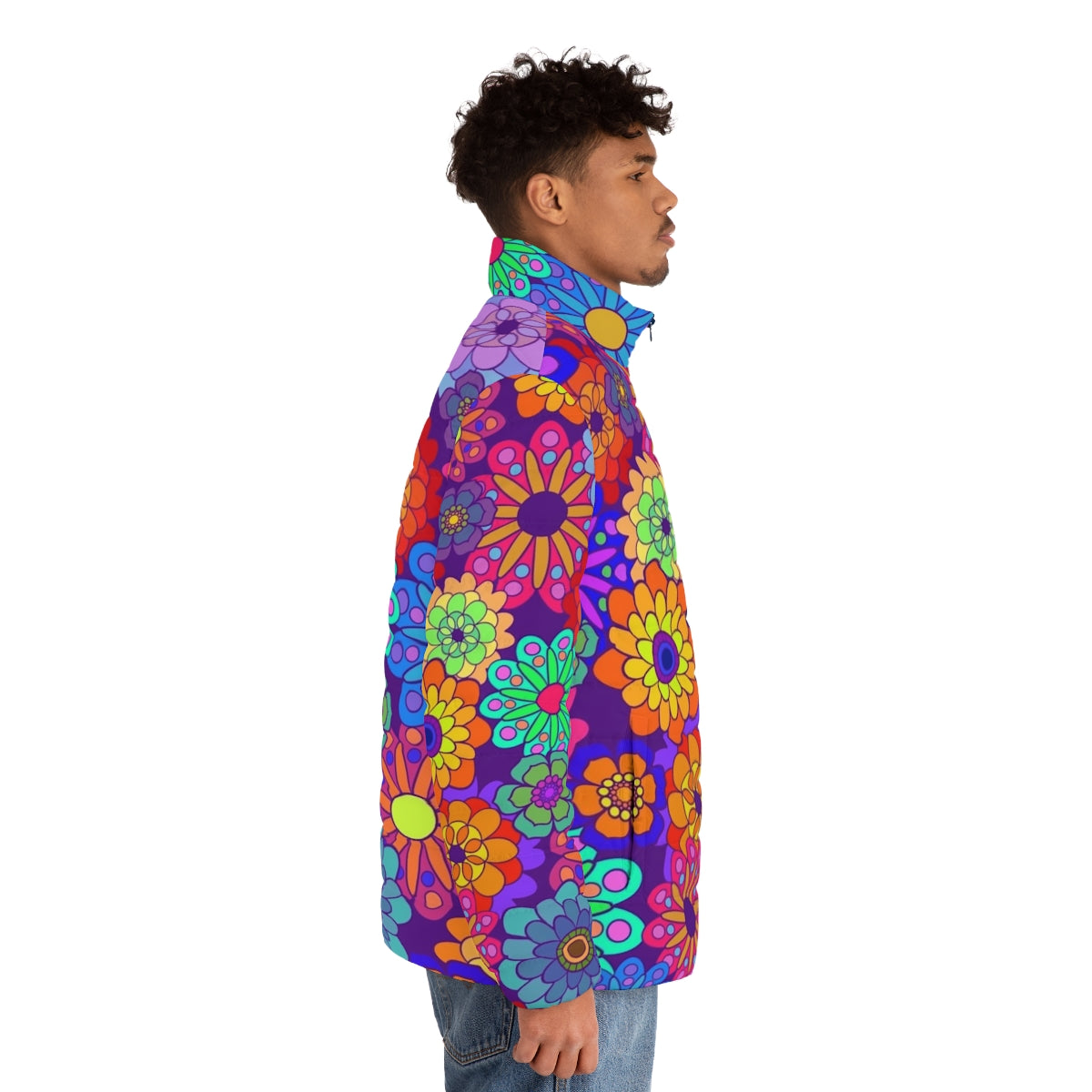 Colorful retro-style puffer jacket with flower power floral design - men side right