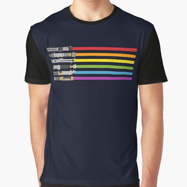 A vibrant graphic t-shirt featuring a rainbow of lightsabers from the Star Wars universe, representing LGBTQ+ pride.